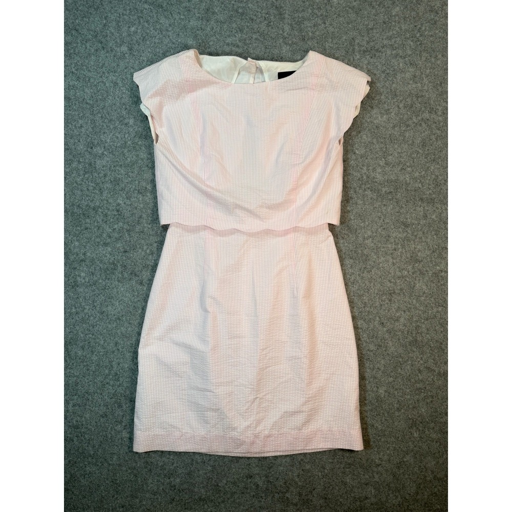 Lauren James Pink White Seersucker Scalloped Open Back Sheath Dress Women Size S